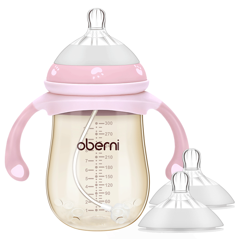 欧贝妮(oberni)奶瓶超宽口径奶嘴奶瓶PPSU塑料奶瓶防胀气奶瓶防摔婴儿吸管奶瓶断奶神器 300ml淡粉
