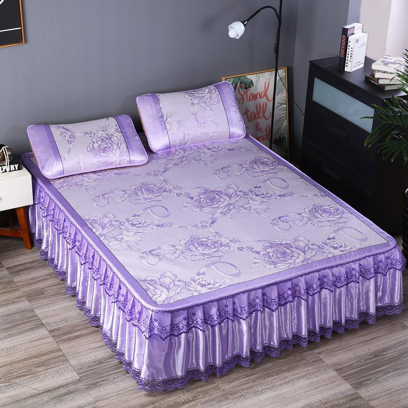 家柏饰(CORATED)冰丝凉席床裙款三件套可拆卸 夏季蕾丝1.5米1.8m空调软凉席可折叠 紫色爱之恋-紫 1.8m（6英尺）床