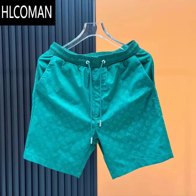 HLCOMAN欧洲站夏薄款休闲运动短裤男高端潮牌印花网红冰丝五分沙滩裤黑色