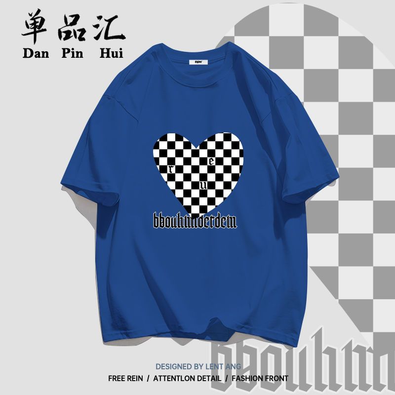 单品汇 纯棉T恤女学生夏季短袖新款棋格爱心印花百搭宽松慵懒上衣