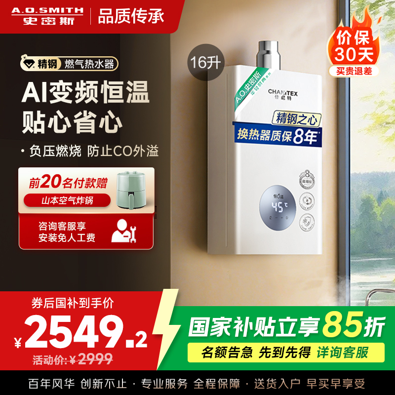 AO史密斯16升燃气热水器佳尼特 不锈钢换热器8年包换 恒温大水量 抗风防冻 JSQ31-TC1