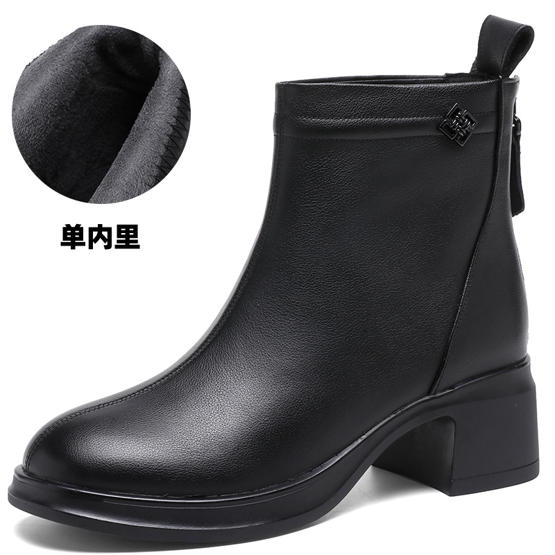 复古短靴女新款中跟加绒棉靴女圆头粗跟单靴牛皮短靴马丁靴