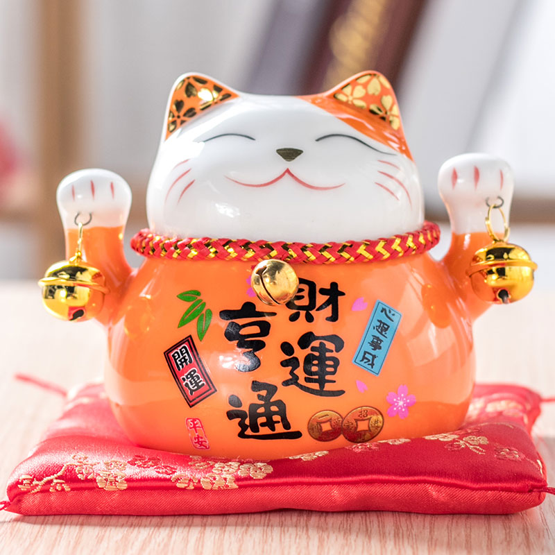 猫存钱罐家用摆件开业客厅小号储蓄收银台创意陶瓷日本发财猫 三维工匠 4.5红扇_40