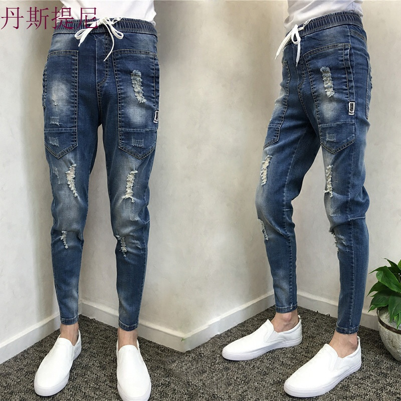夏季男士薄款小脚修身9九分裤做旧牛仔裤精神社会小伙束脚裤破洞蓝色
