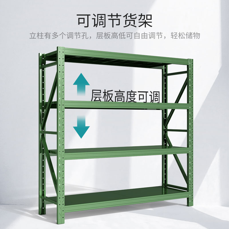 尔迈 仓储货架置物架货物仓库钢制中型展架 2*2*0.6m 300kg/层 军绿色高清大图