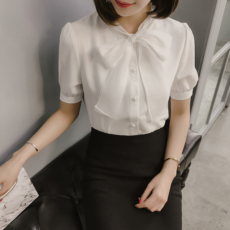 蝴蝶结短袖衬衫女夏2018韩版修身百搭白色衬衣女雪纺衫职业装白色9979