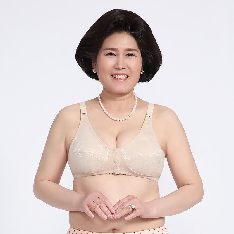 妈妈内衣无钢圈文胸中老年人前扣背心式全棉女士胸罩大码通用薄款