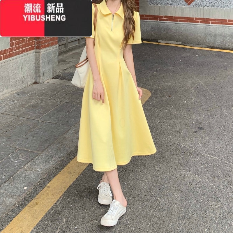 YIBUSHENG学院风polo领连衣裙女季2024新款中长款收腰显瘦初恋短袖a字裙