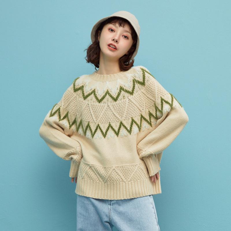 [1件5折价:85]美特斯邦威圆领长袖毛衫女宽松新款冬季简约费尔岛提花毛衣女