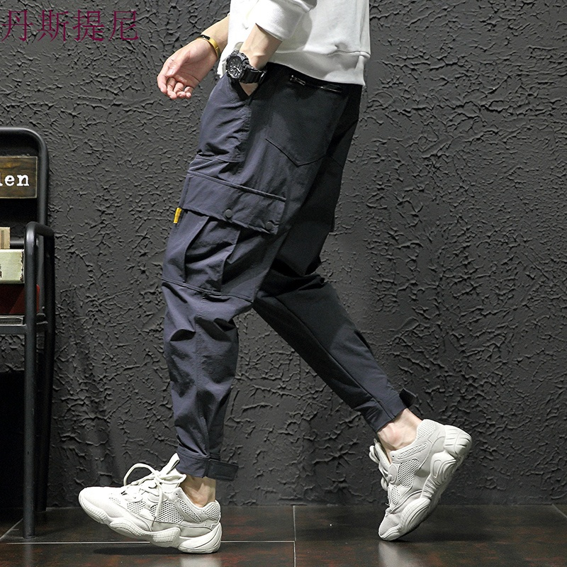 秋季日系工装裤男士多口袋宽松裤子加肥大码胖子嘻哈束脚休闲裤潮