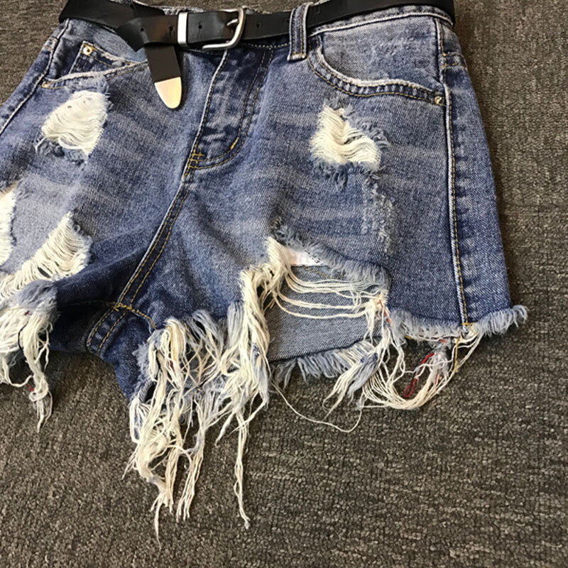 夏季新品韩版高腰毛边破洞牛仔裤女短裤学生百搭宽松阔腿热裤蓝色