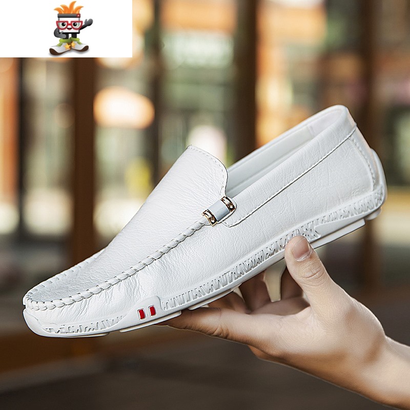 男士白色一脚蹬皮鞋男韩版百搭春季懒人潮流小皮鞋豆豆男鞋软面皮闪潮