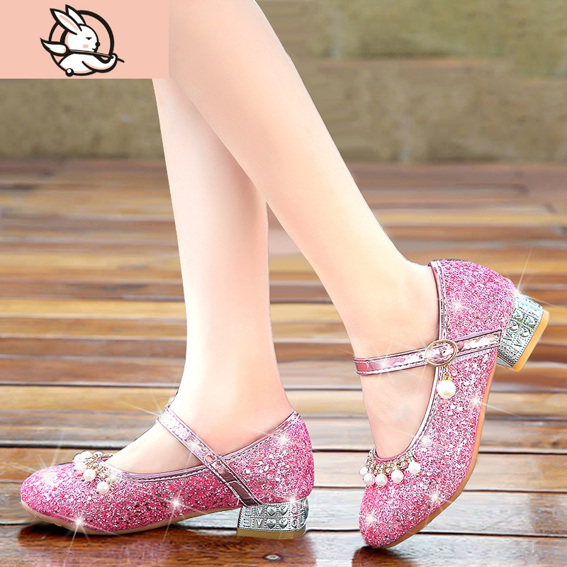 huayangtu公主鞋女童洋气小女孩儿童高跟鞋亮片单鞋礼服水晶女童演出