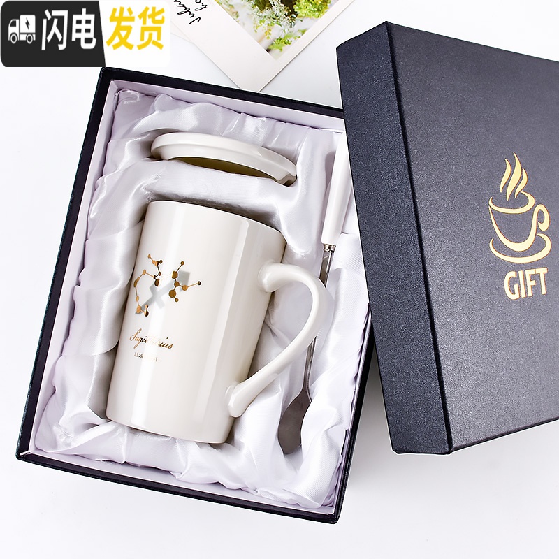 三维工匠星座杯马克杯杯子家用创意陶瓷个性潮流咖啡杯水杯女简约清新森系 新款水瓶座450Ml陶瓷水杯盖勺-白高清大图