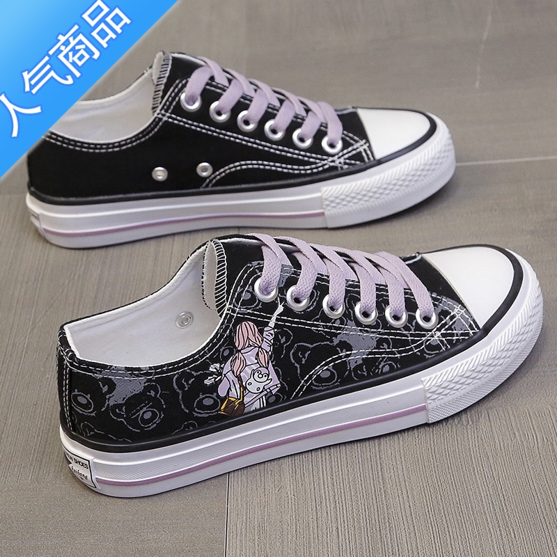 SUNTEK2023年春夏季新款透气软底低帮帆布鞋黑色板鞋女学生涂鸦休闲球鞋高清大图