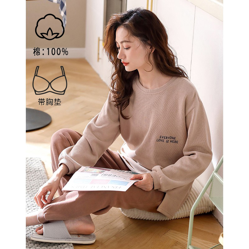 2025年啄木鸟清仓睡衣女带胸垫春秋款纯棉长袖秋冬女士家居服套衣高清大图