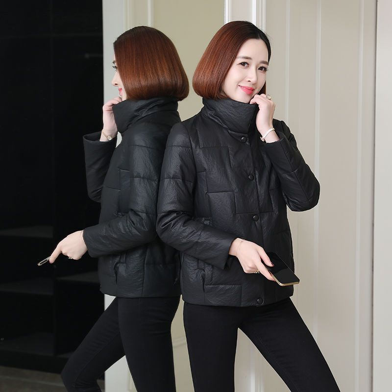 海宁pu皮衣外套女2021秋冬季新款羽绒棉服小个子宽松立领短款棉袄
