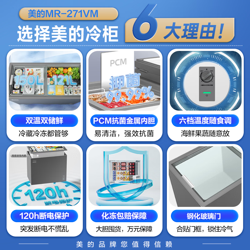 [自营]美的271升商用家用冰柜双温双箱囤鲜大容量冷藏冷冻冷柜 蝶形门卧式冰箱 云砂灰 271升 MR-271VM高清大图