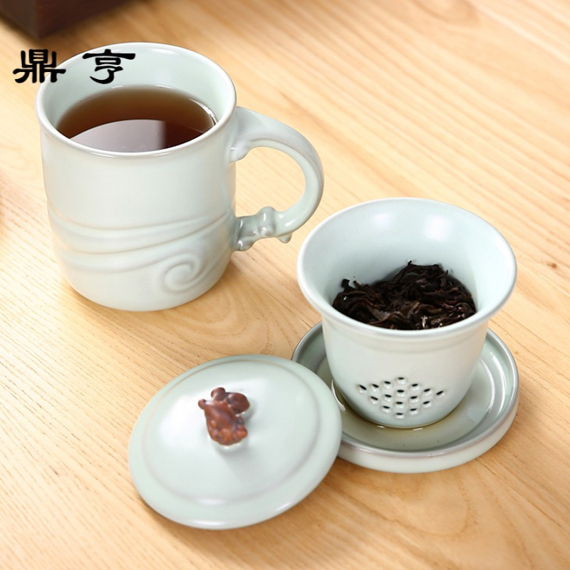 鼎亨汝窑茶杯带盖过滤个人杯可开片办公室泡茶陶瓷杯子四件套家用