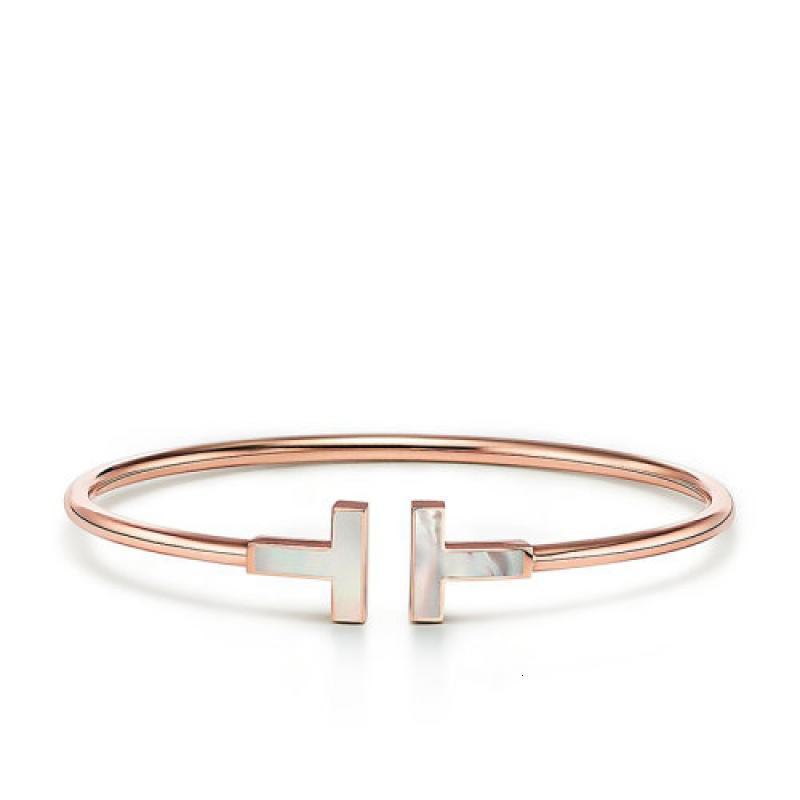 蒂芙尼 经典tiffany t系列 18k金玫瑰金镶嵌珍珠母贝t形图案wire手镯