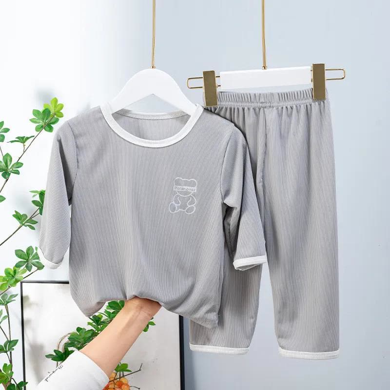 儿童家居服睡衣夏季男童七分袖长袖女童冰丝套装薄款中大童睡衣 莎丞图片