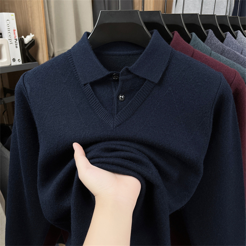 衬衫领男士毛衣假两件2025秋冬新款翻领提花加厚保暖打底针织衫男 藏青 XXXL