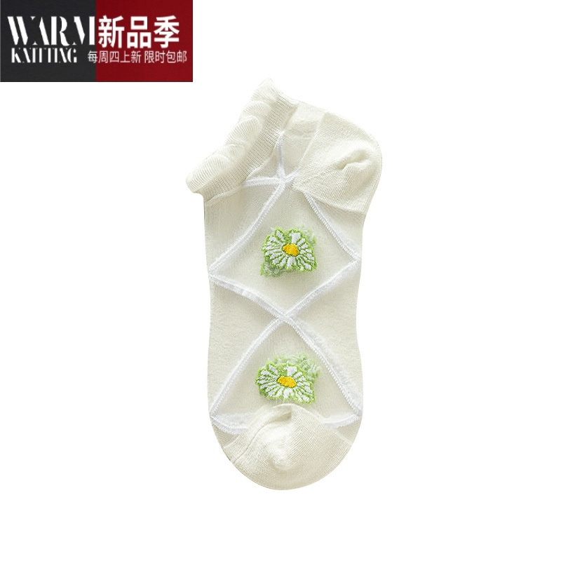 shanchao袜子女夏季超薄款花边冰丝袜女可爱日系船袜白色韩版玻璃丝