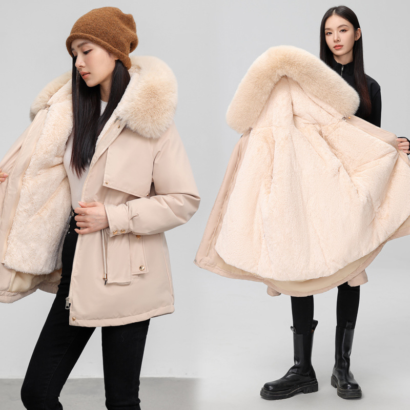 加绒加厚派克服女冬季2024新款大毛领可拆卸连帽洋气宽松棉服外套 白色 M