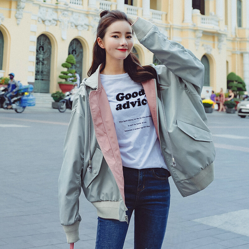 棒球服女春秋短款韩版学生bf原宿风宽松百搭两面穿小夹克外套图片色