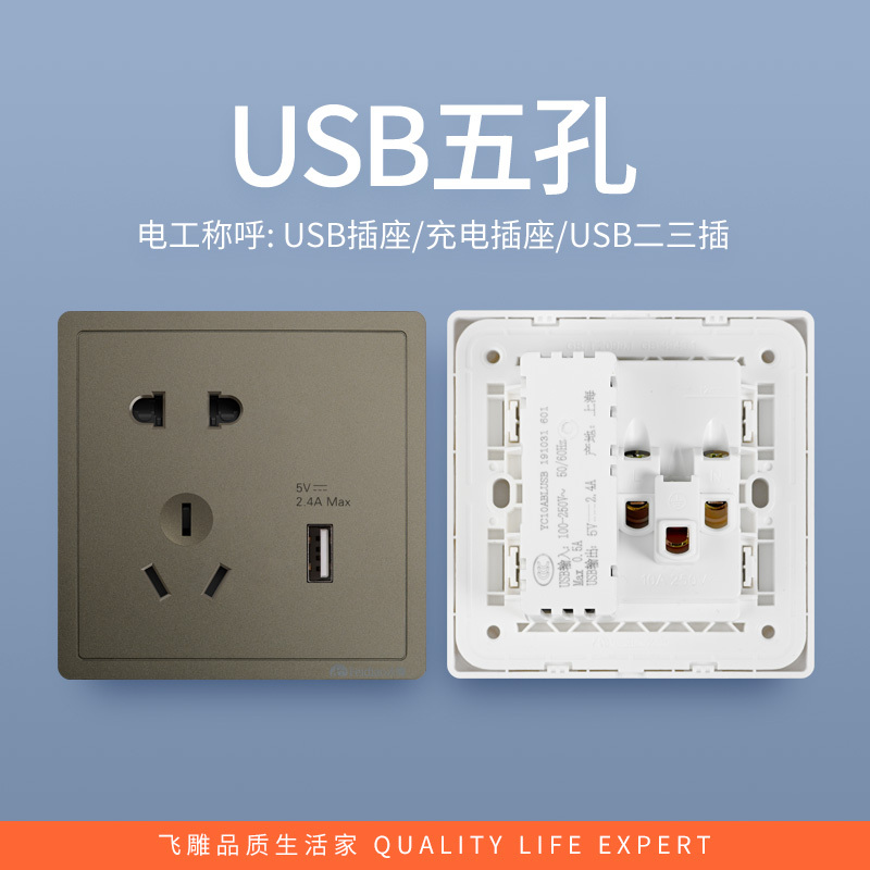 飞雕(FEIDIAO)开关插座 86型家用暗装超大面板PC支架 品意系列家用插座 品意灰五孔带一位USB 2.4A