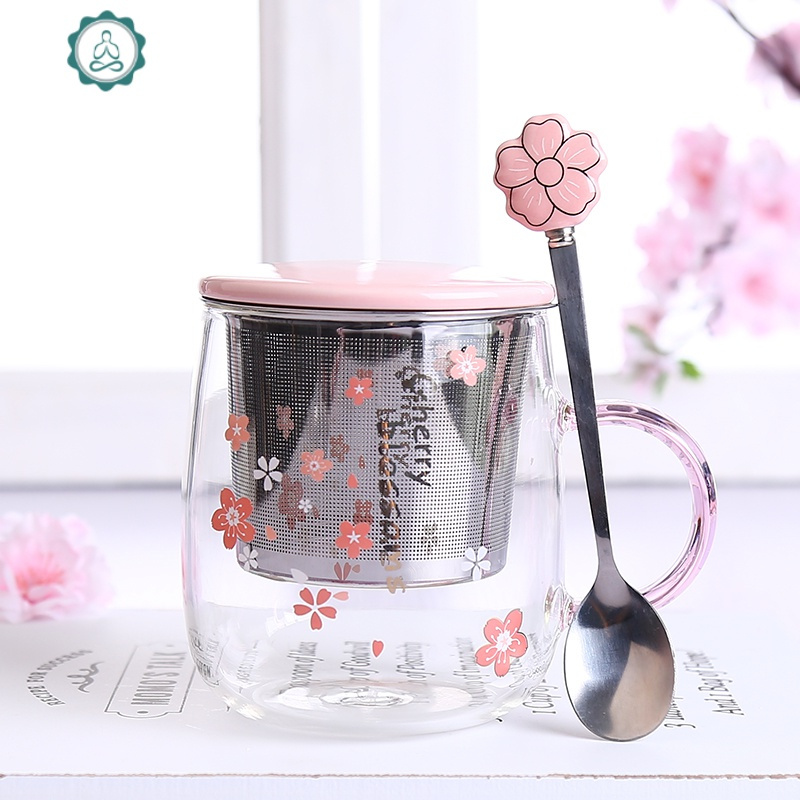 樱花玻璃水杯带刻度盖勺耐热花茶杯子家用办公室过滤泡茶马克杯女 封后 樱花渐变C款(樱花勺+瓷盖+食品级304茶漏)