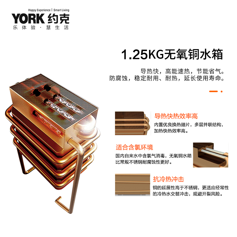YORK约克智能恒温燃气热水器JSQ23-GC12精准变频恒温 EC0节能省气 低水压启动 大屏触控 免费上门安装