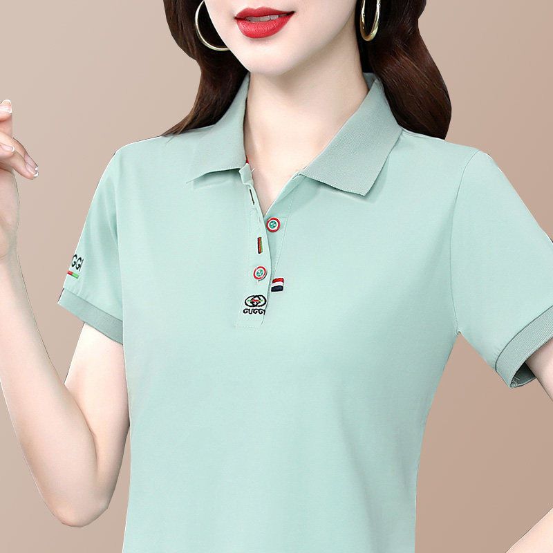 棉短袖t恤女夏季薄款中年妈妈翻领上衣有领衣服运动衫带领