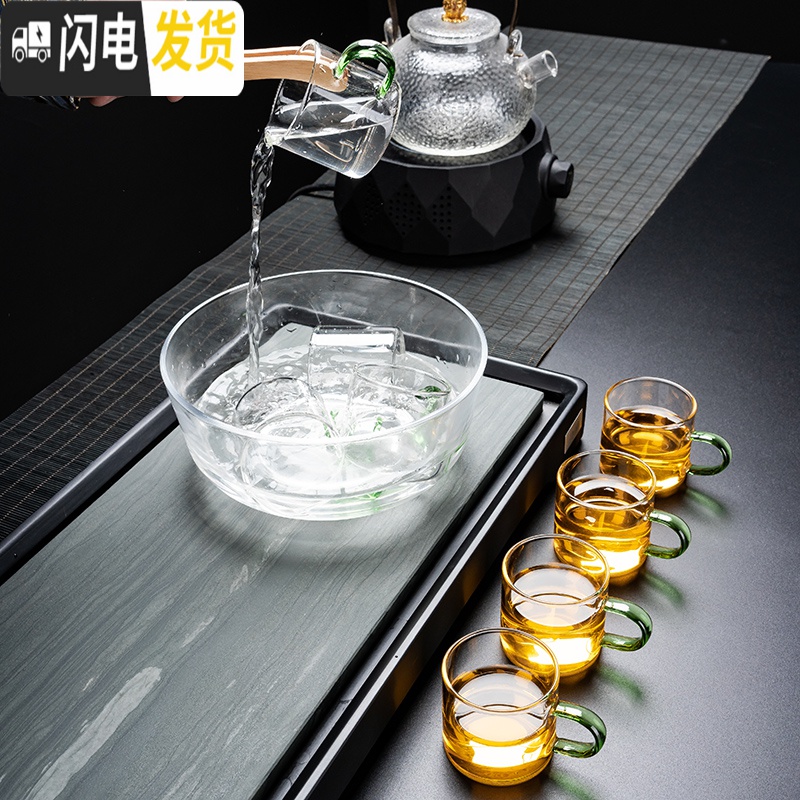 三维工匠玻璃茶具套装功夫茶杯办公透明简约现代可高温红茶喝茶泡茶壶家用 10头玻璃—绿把杯—盖碗高清大图