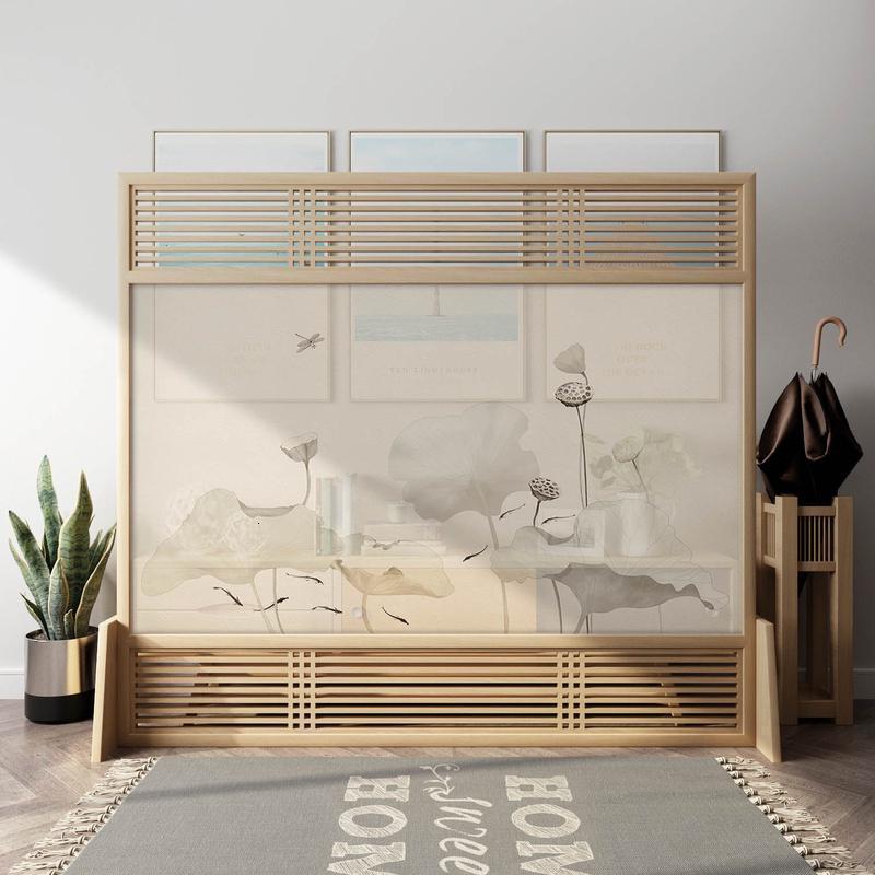 森美人中式屏风隔断客厅简约现代实木禅意玄关布艺卧室遮挡家用移动座屏 胡桃木半透120*180CM（无镂空）整装