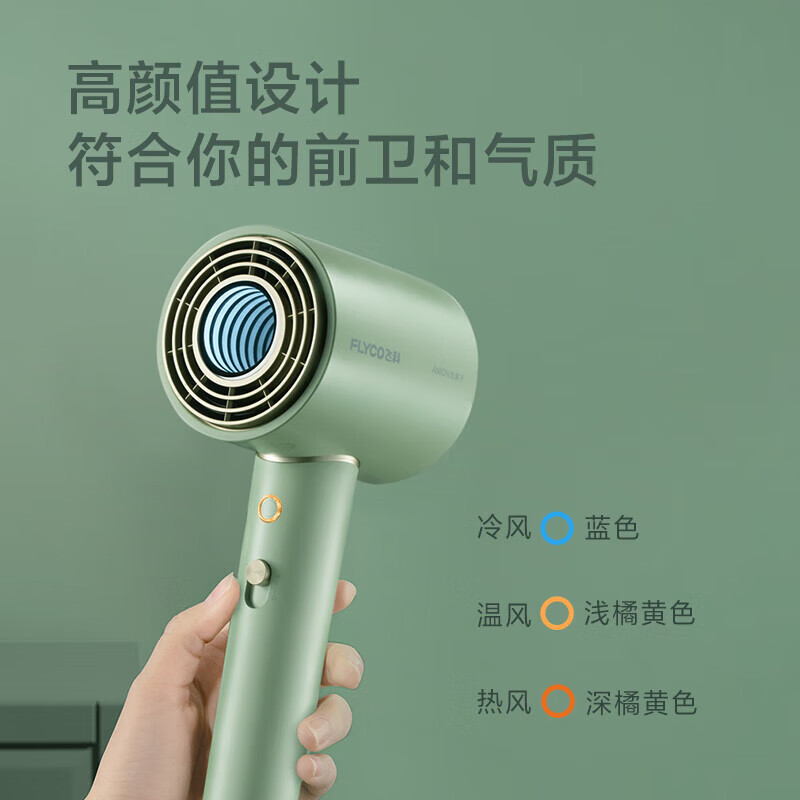 飞科(FLYCO)电吹风机 柔风负离子恒温护发家用宿舍用冷热大风量快速干发低噪音吹风筒礼物送女友FH6310绿