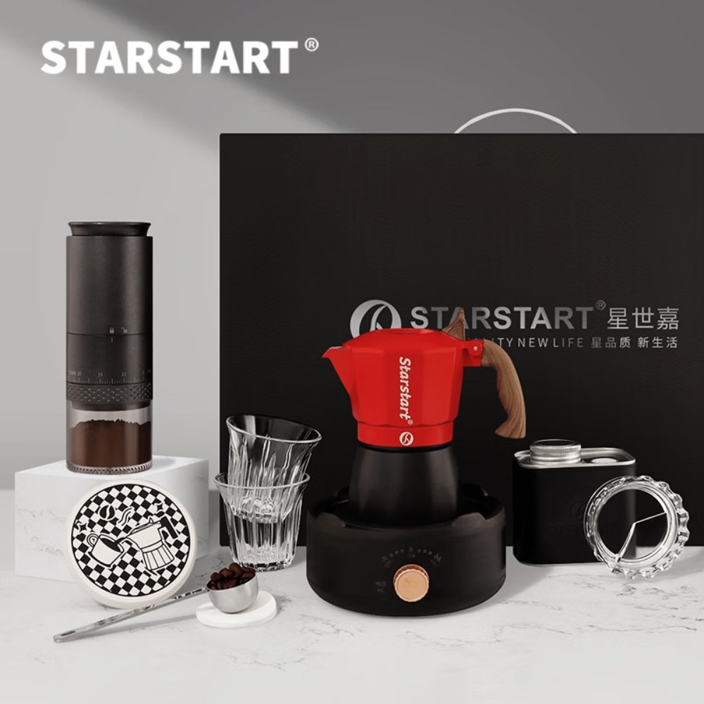 摩卡壶大礼盒10件套双阀2人份-触屏电磨-红黑款