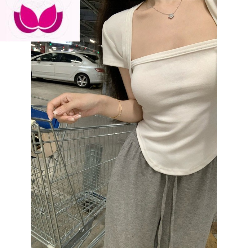 七斓大码纯欲短袖T恤女2023新款春季胖MM不规则辣妹修身短款方领上衣