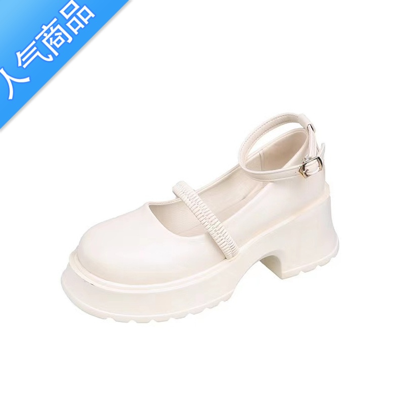 SUNTEK白色玛丽珍高跟鞋女夏季一字带粗跟厚底圆头小皮鞋小个子包头凉鞋