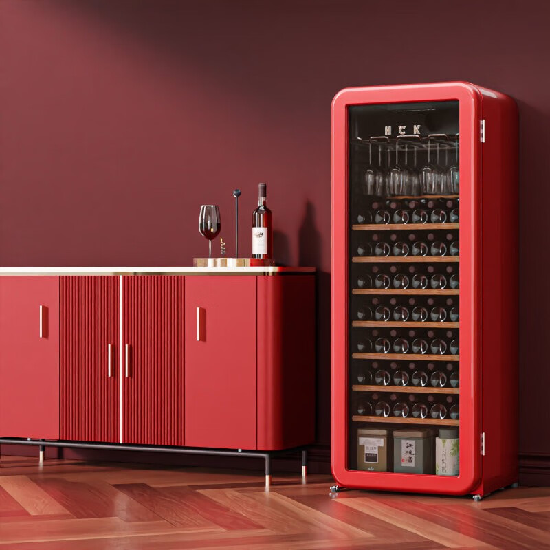 hck哈士奇纤薄圆弧酒柜203升电子温控家用茶叶嵌入式恒温风冷超薄红
