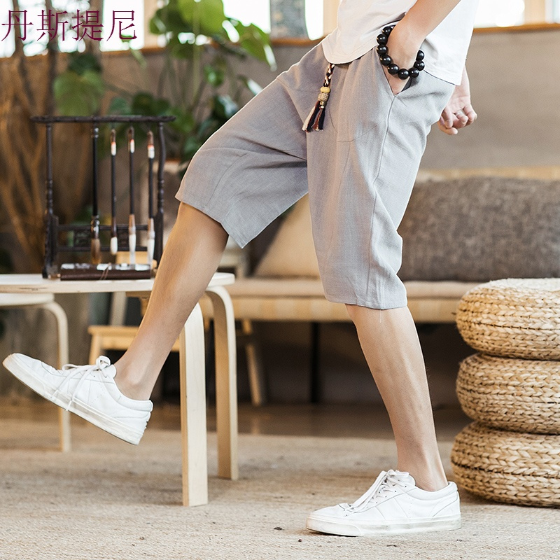 男士七分裤夏季亚麻短裤子潮流宽松休闲裤韩版中裤夏天薄款7分裤