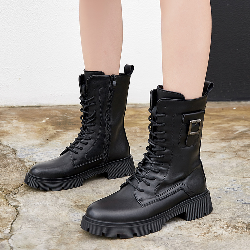 秋冬季加绒厚底真皮牛皮马丁靴女韩版系带女靴子休闲女学生鞋子 女高清大图