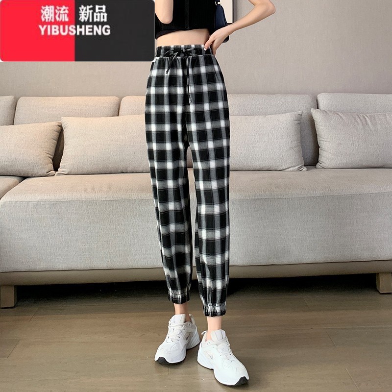 YIBUSHENG黑白格子运动裤女季薄款2024新款天束脚卫裤洋气显瘦女休闲天高清大图