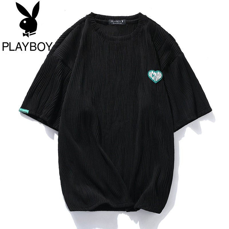 花花公子男装夏季潮牌爱心短袖T恤男韩版潮流宽松圆领五分半袖潮