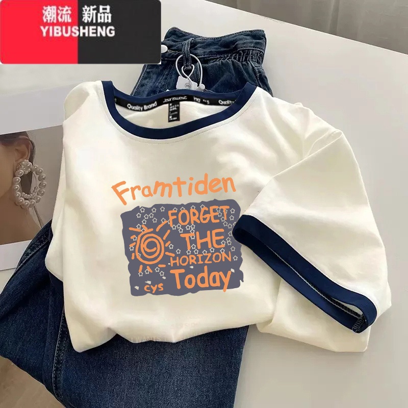 YIBUSHENG季拼接撞色短袖t恤女韩版显瘦学院风百搭多巴胺t恤女上衣服高清大图