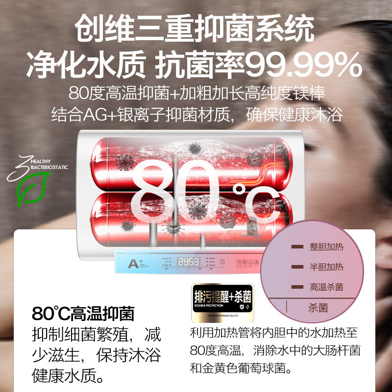 创维(Skyworth)80升 电热水器 家用 储水式 双胆双管扁桶 3000W速热大容量 固保8年漏水包换D2C