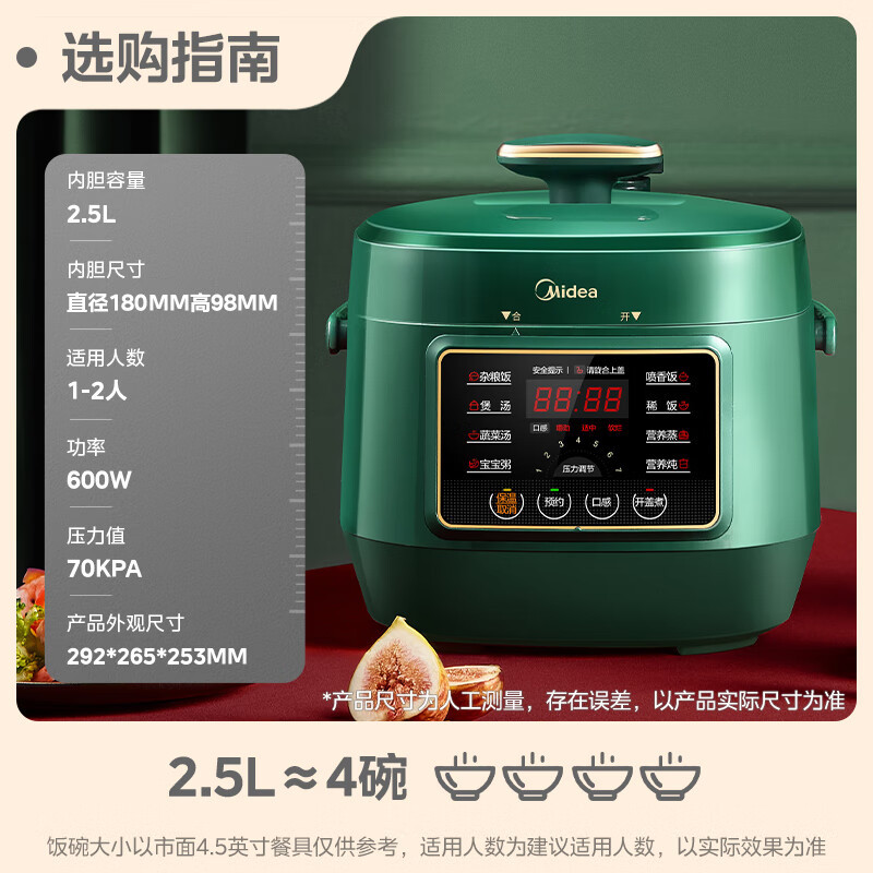 美的(Midea)电压力锅 MY-YLS340家用压力锅2.5升小容量电压锅多功能智能预约炖煮高压锅