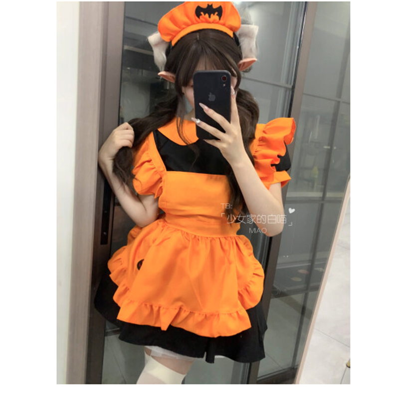 HD 万圣节南瓜女仆装cos蝙蝠吸血鬼可爱女佣装魔法女巫lolit连衣裙女 连衣裙+围裙+发箍+黑丝袜+裙撑M高清大图