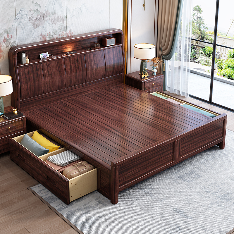 青木川 新中式乌金木床1.5米单人床1.8米双人床主卧室家具房间大床酒店别墅舒适结婚成人婚床床架子床铺高清大图