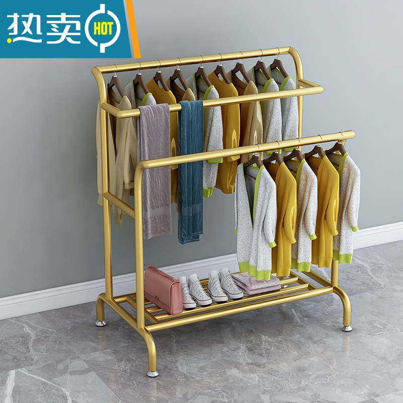 敬平晾衣架落地卧室内折叠简易挂衣杆家用收纳双排凉晒器衣帽置物架 加厚纳米金色三根管长150高160晾衣杆
